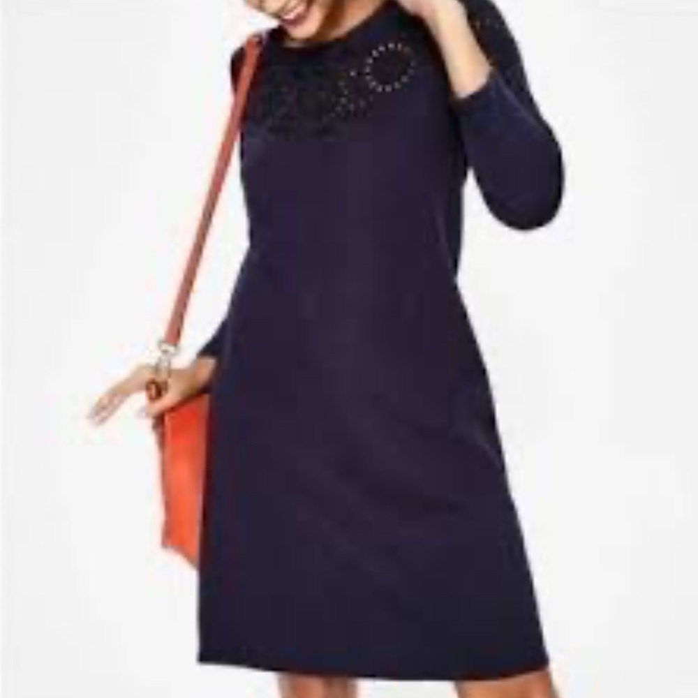 Boden Embroidered Navy Blue Sweatshirt Material Dress